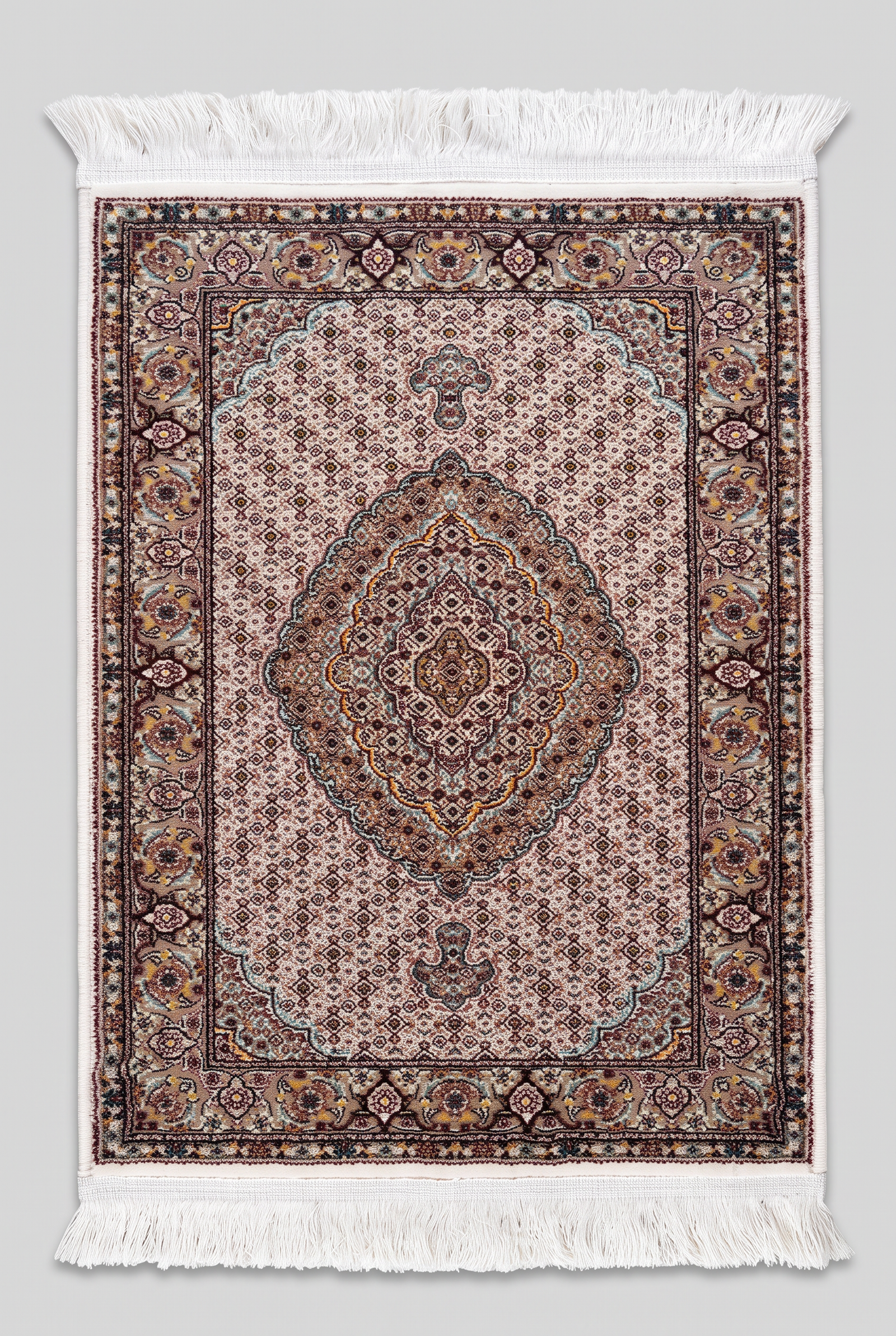 1200 Eimlek Premium Makine Halısı - Tebriz Balık Desenli Mahi Motifli Krem Zeminli Salon Halısı 50x82 cm