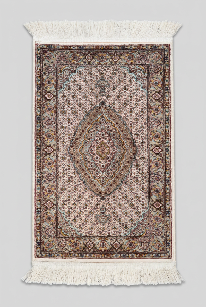 1200 Eimlek Premium Makine Halısı - Krem Zeminli Turkuaz Elmas Madalyonlu Tebriz Balık Desenli Salon Halısı 50x82 cm